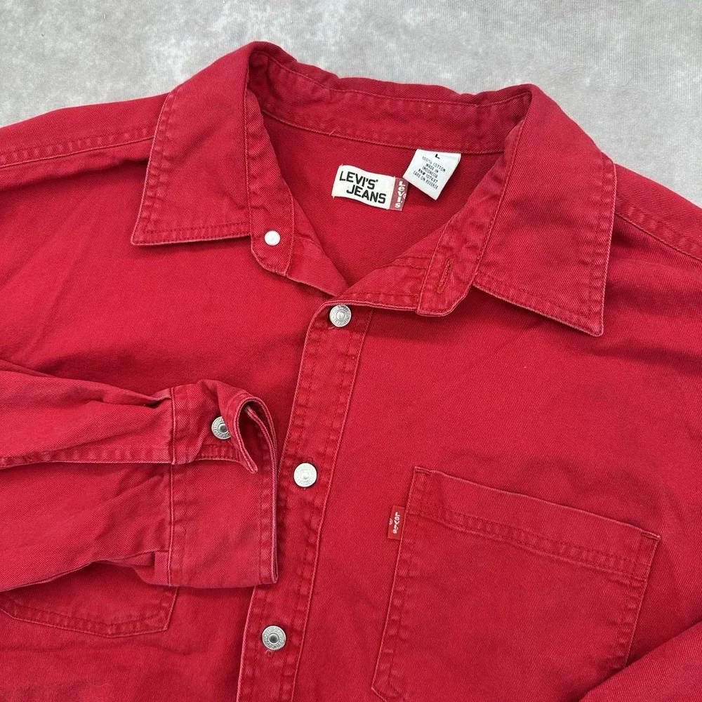 Levi's Red Cotton Denim Jean Western Cowboy Button Down Shirt Men's L